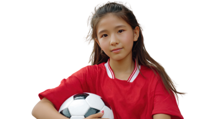 Young Soccer Star: A determined young girl, adorned in a red jersey, cradles a soccer ball with a focused gaze, embodying passion and dedication to the beautiful game. 