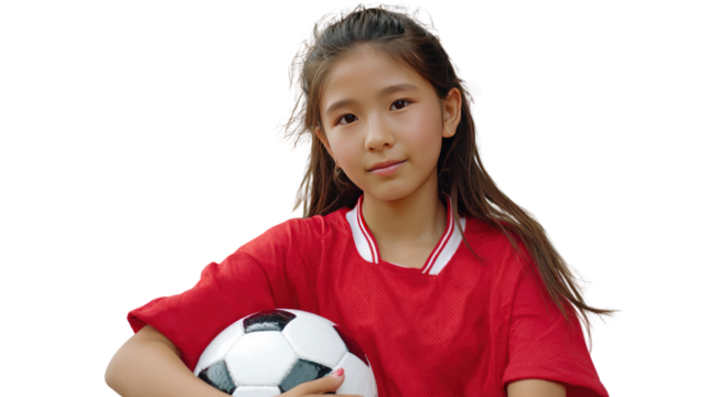 Young Soccer Star: A determined young girl, adorned in a red jersey, cradles a soccer ball with a focused gaze, embodying passion and dedication to the beautiful game. 