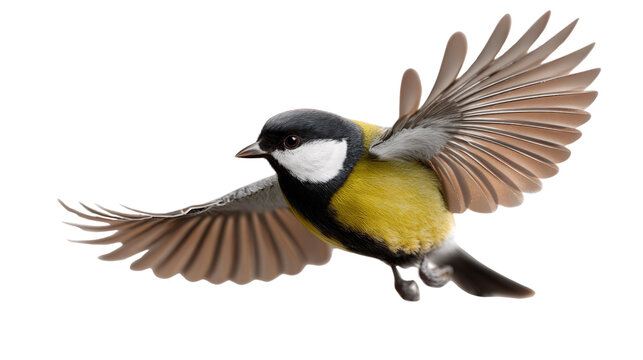 Flying Great Tit: Witness a great tit in mid-flight, a symphony of feathers, vibrant colors, and graceful motion, captured against a pristine background.