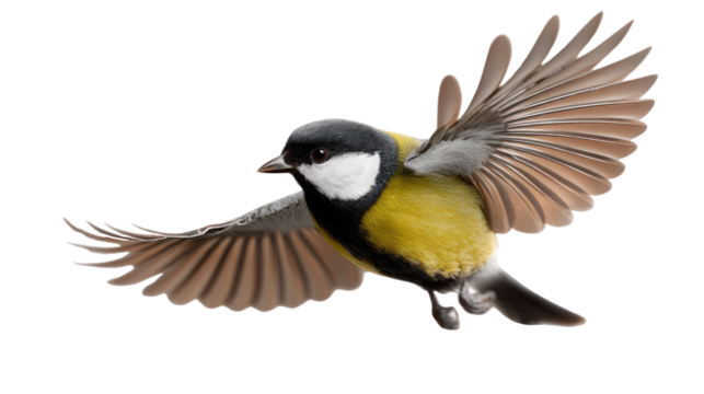 Flying Great Tit: Witness a great tit in mid-flight, a symphony of feathers, vibrant colors, and graceful motion, captured against a pristine background.
