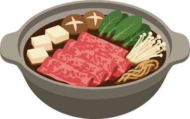 A steaming hot pot filled with an assortment of fresh ingredients including thinly sliced meats, tofu, noodles, mushrooms, and leafy green vegetables.