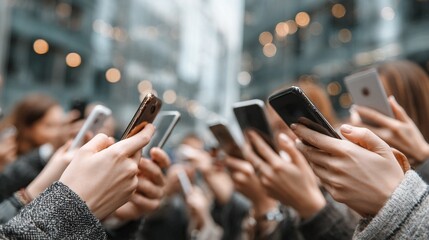 Crowd using smartphones to capture an event in a modern city, perfect for showcasing social media trends, digital communication and modern lifestyle, great for tech companies