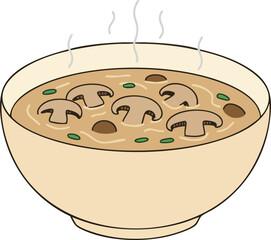 A steaming bowl of creamy mushroom soup with sliced mushrooms and green herbs, ready to be enjoyed.