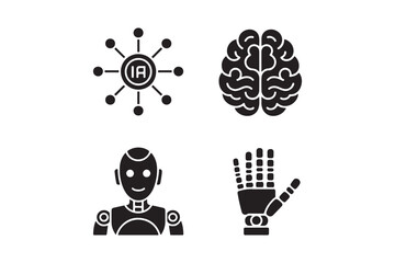 Artificial intelligence icons representing network brain robot and hand