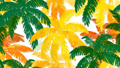 Watercolor-style palm tree leaves in yellow, orange, and green, overlapping on white background