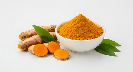 Fresh Turmeric Roots and Ground Powder Isolated on White Background