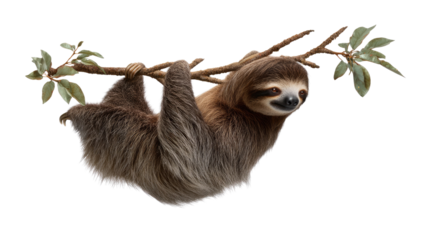 Sloth hanging on Tree Branch: A solitary sloth gracefully hangs from a tree branch, embodying tranquility. It's a picture of the slow-paced life.