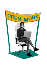 Vertical poster collage young woman laptop remote job worker open work vacation armchair office human resources hiring recruitment