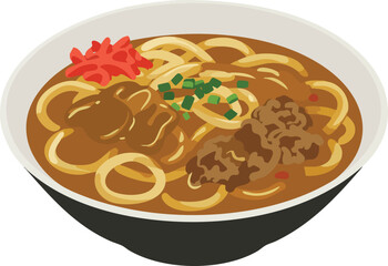An illustration of a delicious bowl of Japanese curry udon noodles with beef, scallions, and pickled ginger.