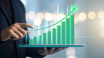 Interactive holographic data visualization of growth metrics in a digital environment with hand gestures and abstract light trails