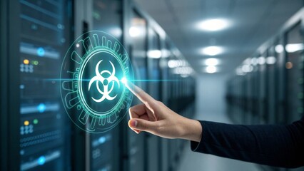 Human finger activating glowing holographic virus alert in futuristic server room digital environment