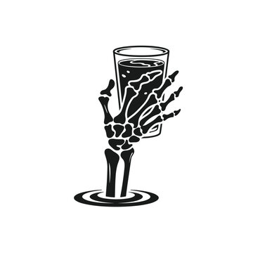 Skeleton Hand Holding Glass in Minimalist Water Scene