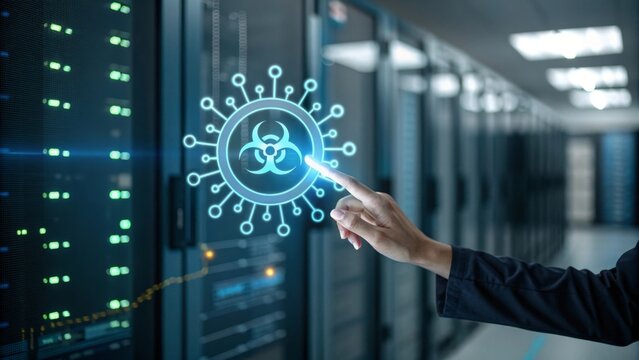 Human finger touching glowing holographic virus alert biohazard symbol in futuristic server room environment with digital technology concept - Powered by Adobe