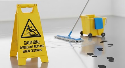 Caution Slippery When Wet Floor Sign During Cleaning.