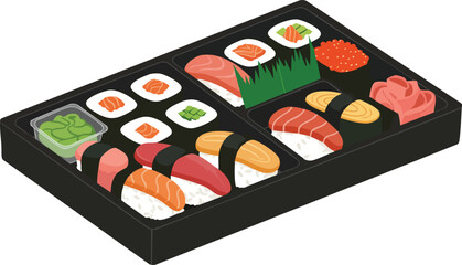 A black bento box filled with a variety of fresh sushi and accompaniments, including salmon, tuna, and roe.