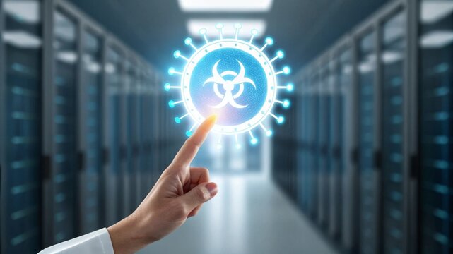 Human finger interacting with glowing holographic virus alert symbol in a futuristic server room environment digital concept of biohazard awareness