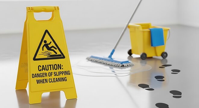 Caution Slippery When Wet Floor Sign During Cleaning. - Powered by Adobe