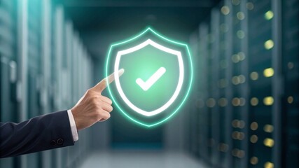 Enhancing data security with shield icon and checkmark interaction in a professional data center environment with bokeh effect