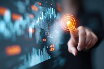 A hand touches a glowing holographic interface displaying global financial data, charts, and a world map, symbolizing modern business technology.