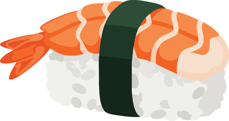 A piece of shrimp sushi with rice and seaweed wrap.