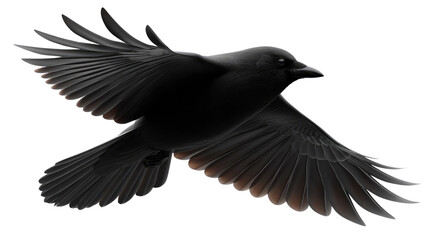 Obraz premium Soaring Raven: A raven in mid-flight, showcasing its sleek, black plumage against a striking, minimalist backdrop, symbolizes freedom, mystery, and the allure of the wild. 