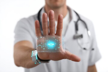 A doctor displays a futuristic holographic medical interface on their palm, showcasing advanced health diagnostics and digital healthcare technology.