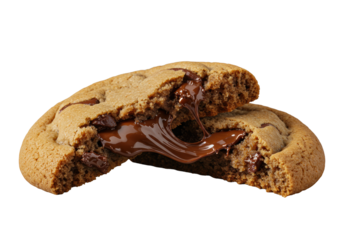Freshly baked golden-brown artisanal chocolate chip cookie, torn revealing soft fudgy center, molten chocolate, subtle steam, macro close-up on transparent. Concept of gourmet dessert