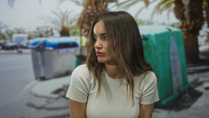 Young hispanic woman leans forward amid scattered recycling bins on a sunlit urban city street;...