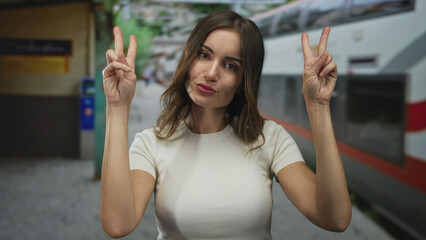 Woman making air quotes with both hands at a train station platform, eyes rolled upward and lips...