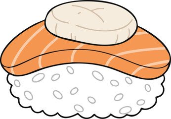 A delicious piece of sushi with salmon and a creamy topping on a bed of rice.