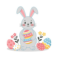 Cute Easter bunny holding a decorated egg surrounded by flowers and eggs vector illustration for holiday greeting cards and spring designs