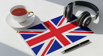 British Flag with Tea, Headphones, and Pen - English Learning Concept