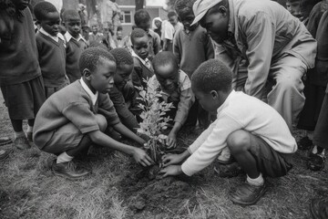 African children and an adult plant a sapling, demonstrating environmental education and community involvement in a black and white scene of growth and hope.