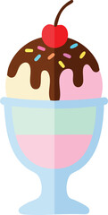 A colorful illustration of a delicious ice cream sundae in a glass dish, topped with chocolate sauce, sprinkles, and a cherry.