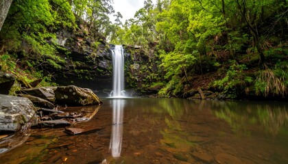 Waterfall cascading into a calm pool, reflected in still water, surrounded by lush green forest