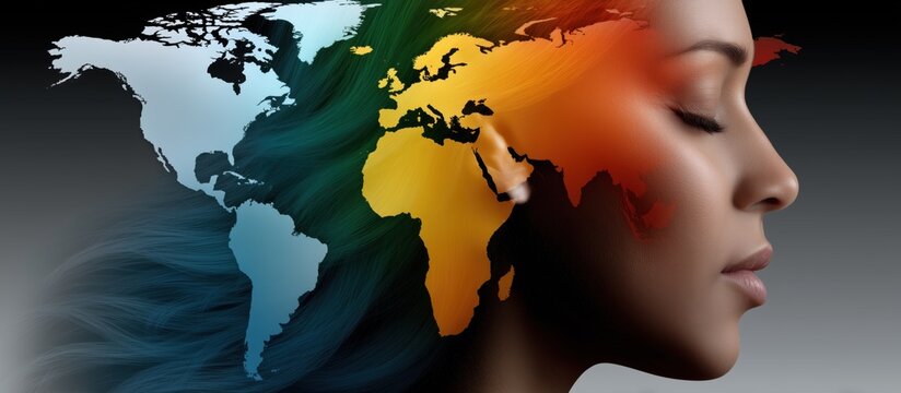 Conceptual horizontal banner with world map overlay on woman’s face, representing world mental health awareness, psychology, global wellbeing, and emotional balance