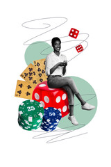 Vertical poster collage young woman dice combination cards chips stack pile luck fortune smartphone app drawing background