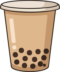 Cartoon illustration of a cup of bubble tea with tapioca pearls.