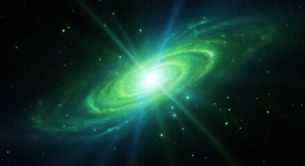 Brilliant green spiral nebula with swirling emerald and blue patterns radiates from a bright central core, surrounded by scattered stars against the dark depths of space.