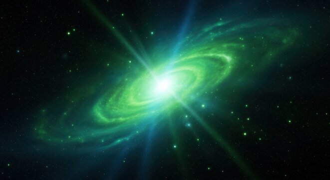 Brilliant green spiral nebula with swirling emerald and blue patterns radiates from a bright central core, surrounded by scattered stars against the dark depths of space.