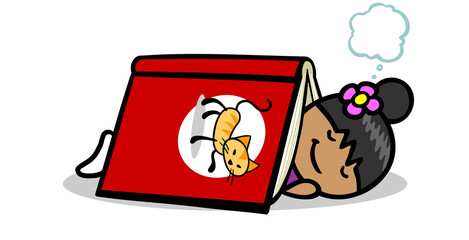 Cartoon Mädchen träumt von Haustier nach Lesen von Katzen Buch