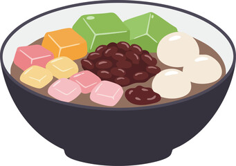 A colorful bowl of Japanese dessert featuring mochi, red bean paste, and jelly cubes.