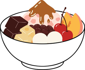 A colorful Japanese dessert bowl filled with shaved ice, red beans, mochi, fruit, and syrup.