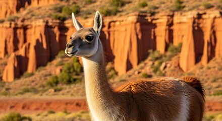 A Wild Guanaco Poses in a Sunlit Red Rock Canyon.