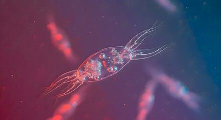Color-enhanced image of tiny planktonic biological creatures floating in water, showcasing intricate details and vibrant hues.