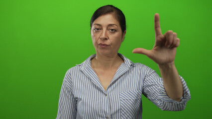 Middle aged hispanic woman making loser hand sign with raised thumb and index finger in green...