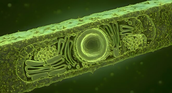 A detailed cross-section of a plant cell showing organelles like the nucleus, chloroplasts, and cell wall.