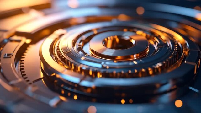 Close-up view of intricate, metallic gears and concentric circles, highlighted by warm, orange-yellow light