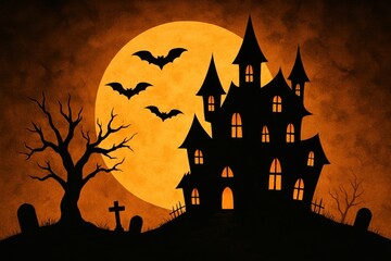 Spooky haunted house under moon.