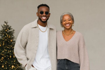 Cheerful couple poses together, showcasing stylish outfits and w